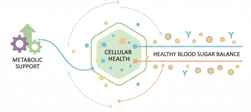 Illustration showing how cellular health supports healthy blood sugar balance and metabolic function