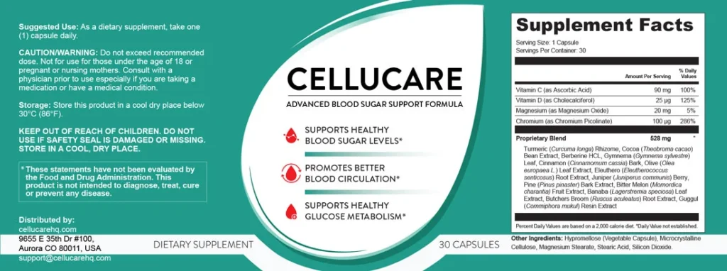 CelluCare ingredients label and formula breakdown with supplement facts
