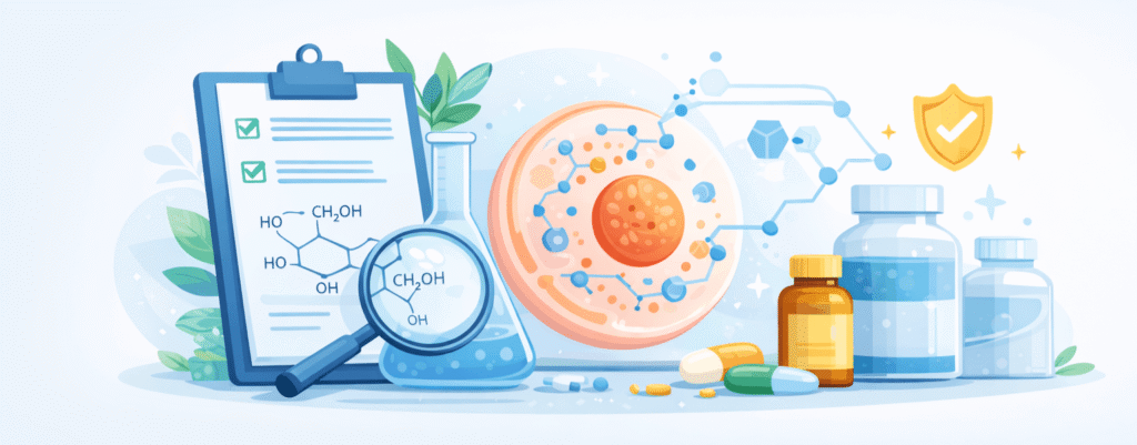 Illustration representing cellular health and balanced blood sugar for evidence-based supplement reviews
