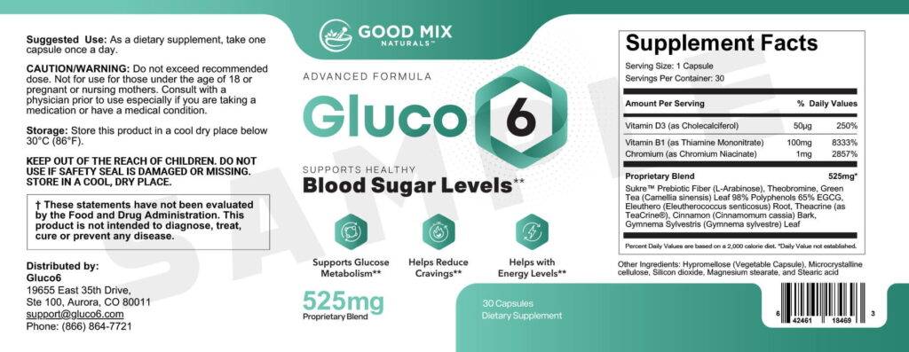 Gluco6 ingredients label and supplement facts